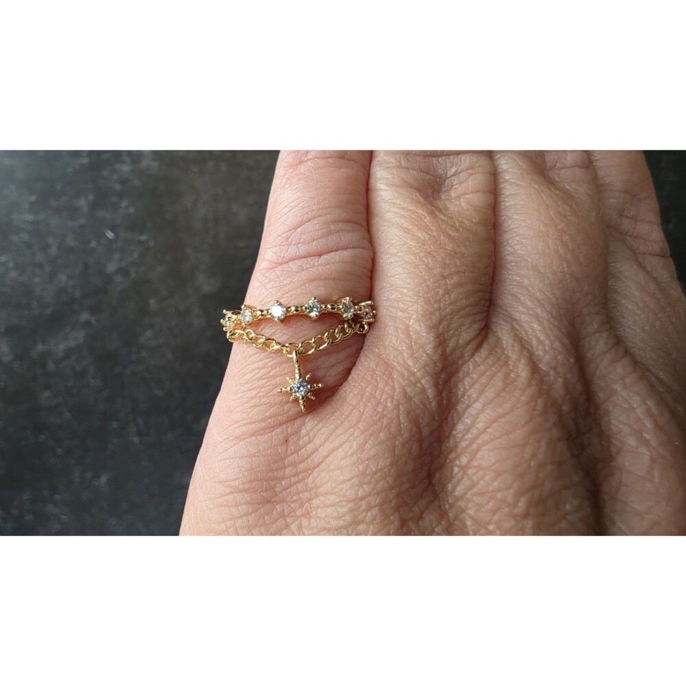 Clear Rhinestone Dangling Star Gold Tone Metal Open Back Ring Size 6.75